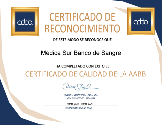 Certificado de calidad de la AABB de Médica Sur Banco de Sangre